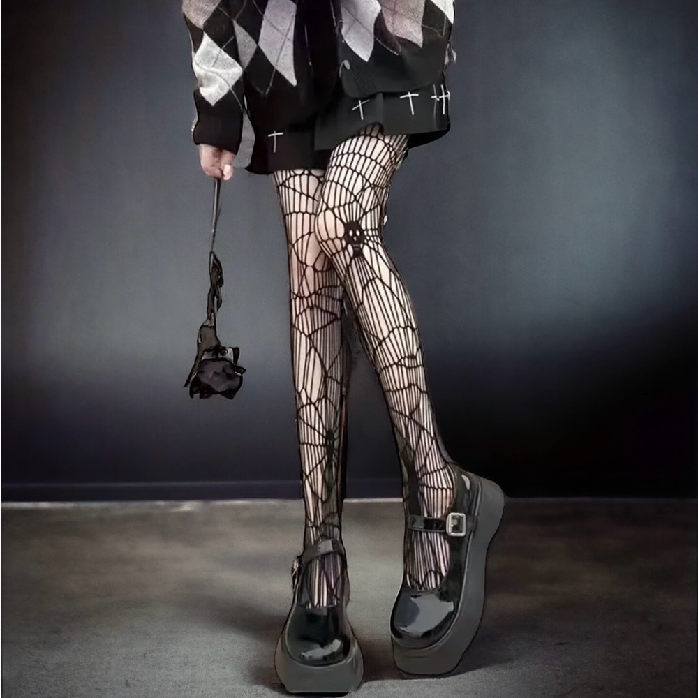 Black Gothic Skull Pattern Fishnet Tights Sexy Hollow Out Mesh Pantyhose OneSize